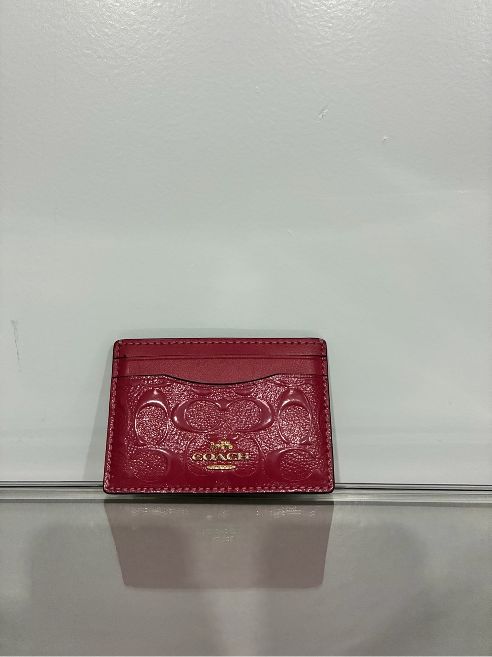 Coach Dark Pink Signature Embossed Leather Card Holder with Gold Logo